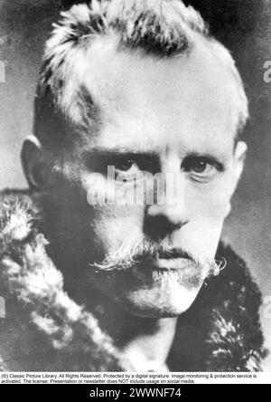 Fridtjof Wedel-Jarlsberg Nansen (* 10. Oktober 1861 bis 13. Mai 1930) war ein norwegischer Polymath und Friedensnobelpreisträger. Er erlangte an verschiedenen Punkten seines Lebens als Forscher, Wissenschaftler, Diplomat, Humanist und Mitbegründer der Vaterlandliga. 1893 segelte Fridtjof Nansen mit dem Schiff Fram nach Norden in die Arktis. Das Schiff wurde speziell für den Arktischen Ozean gebaut. Es war anzunehmen, dass das Schiff im Eis friert und mit ihm zum Nordpol driftet. Als klar wurde, dass das Schiff den Pol nicht erreichen konnte, verließ Nansen zusammen mit Hjalmar Johansen das Schiff. Sie haben es geschafft Stockfoto