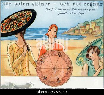 Mode in den 1920er Jahren Drei Frauen in typischen 1920er-Jahren-Outfits, Hüten und Accessoires. Eine Illustration aus dem Jahr 1929. Stockfoto