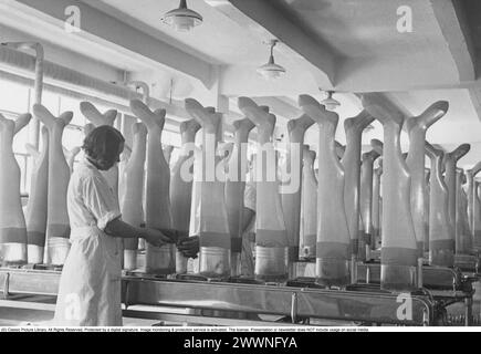 Aktiebolaget Malmö Lagerfabrik 1942. Das Unternehmen wurde 1926 vom Großhändler Kurt Levin gegründet. Das Geschäft wuchs schnell und die Fabrik war die erste in Schweden, die Socken aus Naturseide herstellte. Ihre Marken wie Nivella und Vogue waren in der Zwischenkriegszeit der 1930er Jahre bekannte Produkte Als 1939 Nylon eingeführt wurde, dauerte es jedoch Zeit, bis das Produkt aufgrund des andauernden Zweiten Weltkriegs verbreitet wurde. Die fabrikeigene Produktion von Nylonstrümpfen und später Nylonhosen begann in den frühen 1950er Jahren und das Unternehmen entwickelte den Nylonstrumpf und erwarb neue Maschinen für Th Stockfoto