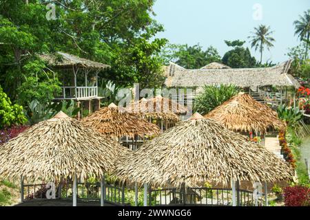 Einfache Gebäude und Hütten aus Holz und Dächer aus Sagoblättern Stockfoto