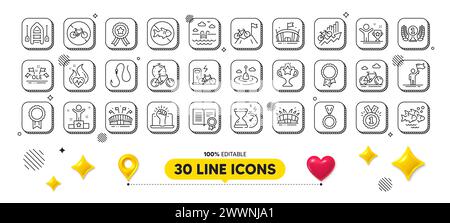 Cardio-Training, Swimmingpool und Icons-Paket der Winner Line. 3D-Designelemente. Arena, Fischschule, Laureate Award Web Icon. Medaille, Empowerment, Hook Picto Stock Vektor