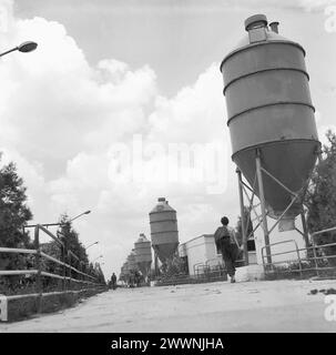 Staatliche landwirtschaftliche Genossenschaft (C.A.P.) im kommunistischen Rumänien in den 1970er Jahren Getreidesillos auf einer staatlichen Fabrikfarm. Stockfoto