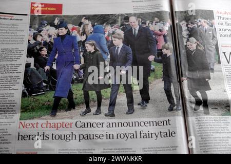 Prinzessin von Wales Kate Middleton: „Cancer announcement Heralds Tough Pause in royaPl Fairytale“ Guardian-Zeitung, Schlagzeile 23. März 2024 London UK Stockfoto