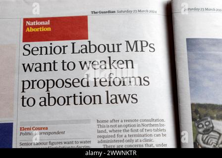 "Senior Labour-Abgeordnete wollen vorgeschlagene Reformen der Abtreibungsgesetze schwächen" Guardian-Zeitung Headline Abtreibungsgesetz artikel 23 März 2014 London England Vereinigtes Königreich Stockfoto