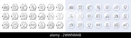 Symbole für die Fahrrad-App, Yoga und Erfolgszeilen. Weiße Pin-3D-Tasten, Chat-Bubbles-Symbole. Fischpaket, Diät-Menü, Symbol für Fahrräder. Preisträger, Gemüse, W Stock Vektor