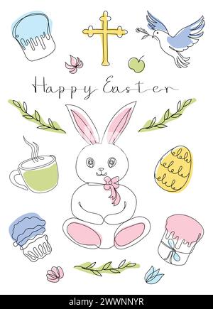 Osterset im durchgehenden einzeiligen Stil mit Designelementen wie Hase, Eier, Taube, Kerze, Kreuz, Osterkuchen, Becher, Blumen. Farbiger Vektor auf weiß. Clipart. Osterkarte mit Happy Easter Gruß. Stock Vektor