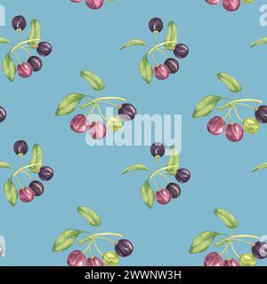 Nahtloses Muster mit Maqui-Beeren und Blättern. Handgezeichnete Aquarellillustration der chilenischen Weinbeerpflanze isoliert auf blauem Hintergrund. Aristotelia Stockfoto