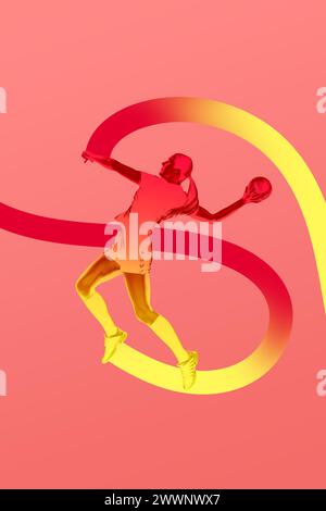 Poster. Zeitgenössische Kunstcollage. Die Silhouette des Trainingsangriffs einer Sportlerin in Aktion mit Linien, die Bewegung vor lebendigem Hintergrund symbolisieren. Stockfoto
