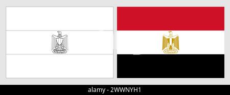 Ägypten Flagge - Ausmalseite. Set aus weißem Drahtmodell, dünner schwarzer Umrandungsflagge und original farbiger Flagge. Stock Vektor