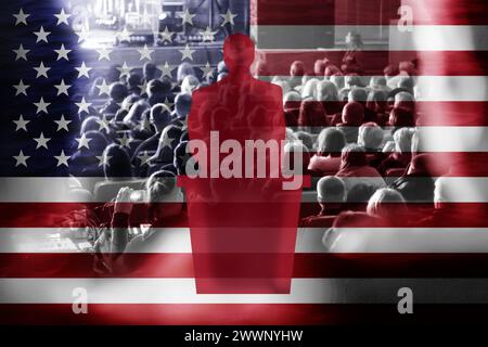 Wahlen in den Vereinigten Staaten. US-Zwischenwahlen 2024: Das Rennen um den Präsidenten. Amerikanisches Nationalkonzept. Flag. Stockfoto
