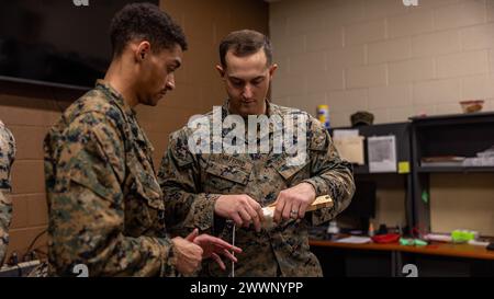 Mitchel Swafford, ein Techniker für die Entsorgung von Sprengmitteln im 8. Ingenieur-Support-Bataillon, 2. Marine Logistics Group, zeigt Sgt. Anthony Cesariojett, ein Schützling im 3. Bataillon, 2. Marine-Regiment, 2. Marine-Division, wie man einen Trainingsblock C4 in Camp Lejeune, North Carolina, schnürt. Februar 2024. Die Ausbildung setzte die 2nd MLG und 2nd Marine Division Marines dem EOD-Programm entgegen, verbesserte ihr Basisverständnis über EOD und weckte Interesse als potenzielle Kandidaten für laterale Bewegungen . Marine Corps Stockfoto