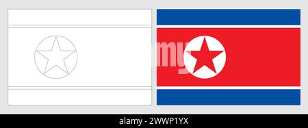 Nordkorea-Flagge – Ausmalseite. Set aus weißem Drahtmodell, dünner schwarzer Umrandungsflagge und original farbiger Flagge. Stock Vektor