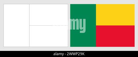 Benin Flagge - Ausmalseite. Set aus weißem Drahtmodell, dünner schwarzer Umrandungsflagge und original farbiger Flagge. Stock Vektor