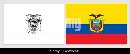 Ecuador-Flagge - Ausmalseite. Set aus weißem Drahtmodell, dünner schwarzer Umrandungsflagge und original farbiger Flagge. Stock Vektor