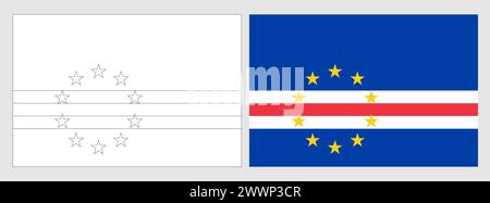 Kap-Verde-Flagge - Ausmalseite. Set aus weißem Drahtmodell, dünner schwarzer Umrandungsflagge und original farbiger Flagge. Stock Vektor