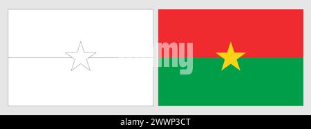 Burkina Faso Flagge - Ausmalseite. Set aus weißem Drahtmodell, dünner schwarzer Umrandungsflagge und original farbiger Flagge. Stock Vektor