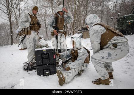 U.S. Marines mit Combat Logistics Regiment 3, 3rd Marine Logistics Group, Arbeit an Kommunikationsausrüstung während Übung Winter Workhorse 24 auf Combined Arms Training Center Camp Fuji, Japan, 5. Februar 2024. Winter Workhorse ist eine regelmäßig geplante Trainingsübung, die dazu dient, die Kampffähigkeiten in umkämpften Umgebungen zu verbessern. Marine Corps Stockfoto