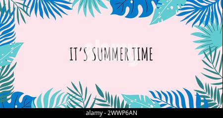 Im Sommer ist ein farbenfrohes handgezeichnetes Banner mit Palmblättern auf rosafarbenem Hintergrund. Stock Vektor