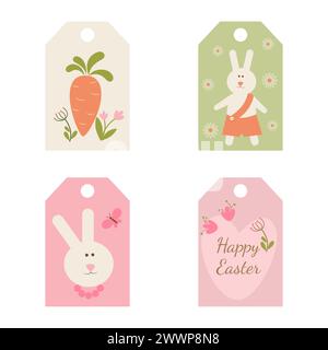 Set von Tags für Ostergeschenke mit Karotten, Blättern, Zweigen, Blumen. Ideal für Urlaubsgrüße. Stock Vektor