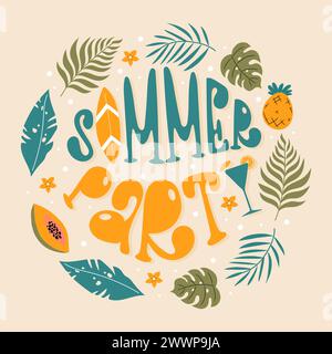 Farbenfrohes, handgezeichnetes Poster für die Sommerparty mit Palmblättern, Papaya, Ananas, Blumen und Surfbrett. Stock Vektor
