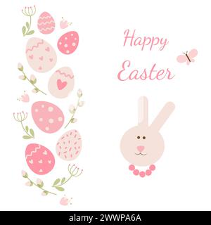 Osterkarte mit Hase, Eiern, Blumen, Zweigen auf weißem Hintergrund. Flacher STYLE. Ideal für Urlaubsgestaltung. Vektor. Stock Vektor