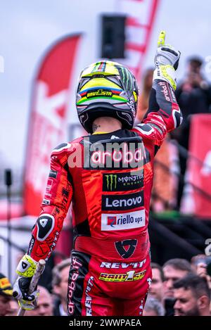 Montmelo, Spanien. März 2024. Alvaro Bautista aus Aruba.IT Racing Ducati während der Catalunya World SBK 2024 auf dem Circuit de Barcelona Catalunya am 24. März 2024 in Montmelo, Barcelona, Spanien. (Foto: Pablo Rodriguez/PRESSINPHOTO) Credit: PRESSINPHOTO SPORTS AGENCY/Alamy Live News Stockfoto