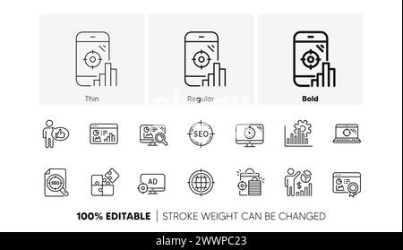 SEO-Zeilensymbole. Steigern Sie Umsatz, Geschäftsstrategie und Suchoptimierung. Lineare Symbolgruppe. Zeilensymbole. Vektor Stock Vektor