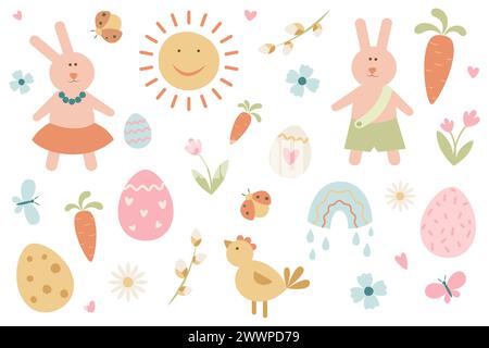Niedliche Ostergruppe mit Tieren, Blumen, Blättern, Regenbogen, Sonne. Geeignet für Poster, Karten, Scrapbooking, Tapeten. Vektor. Stock Vektor