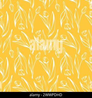 Nahtloses Muster mit Frühlings- und Sommerfarben. Tulpe im Skizzenstil, handgezeichnet auf gelbem Hintergrund Stock Vektor