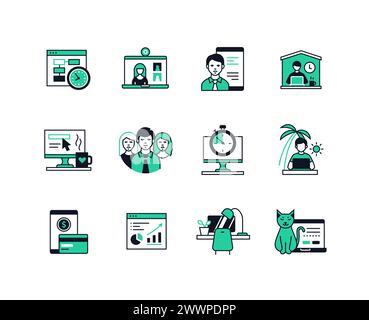 Büro und Fernarbeit – Symbole im Liniendesign Stock Vektor