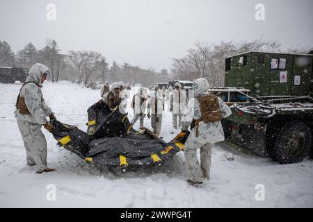 U.S. Marines mit Combat Logistics Regiment 3, 3rd Marine Logistics Group, positionieren eine Tankstelle während der Übung Winter Workhorse 24 auf Combined Arms Training Center Camp Fuji, Japan, 5. Februar 2024. Winter Workhorse ist eine regelmäßig geplante Trainingsübung, die dazu dient, die Kampffähigkeiten in umkämpften Umgebungen zu verbessern. Marine Corps Stockfoto