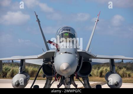 Ein F/A-18D Hornet-Flugzeug des U.S. Marine Corps mit der Marine Fighter Attack Squadron 232 wird während der COPE North 24 im Northwest Field, Guam, 20. Februar 2024 von einem Vorwärts-Bewaffnungs- und Tankpunkt betankt. Verbündete und Partner trainieren gemeinsam während der multilateralen Übung Cope North 24, um gemeinsame Taktiken und multilaterale Verteidigungsfähigkeiten zu verbessern. Marine Corps Stockfoto