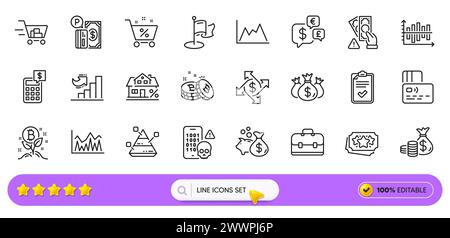 Liniensymbole für Bitcoin-, Kredit- und Wachstumsdiagramme für Web-App. Piktogramsymbol. Zeilensymbole. Vektor Stock Vektor