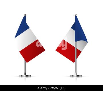 Flaggen von Frankreich auf Polvektorillustration. Realistische 3D-Fahnenmasten auf vertikalen Mini-Stativen aus Stahl, isolierte tischfahnenmasten, blau, weiß und rot Stock Vektor