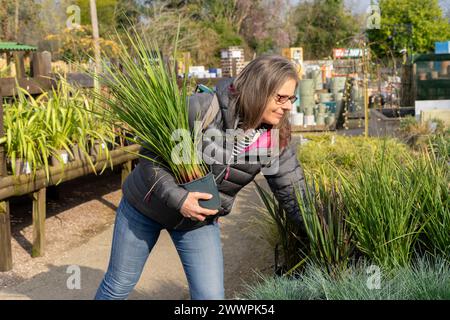 Eine ältere Frau lächelt, während sie an einem kalten Tag Pflanzen in einem Gartencenter-Laden kauft. Stockfoto