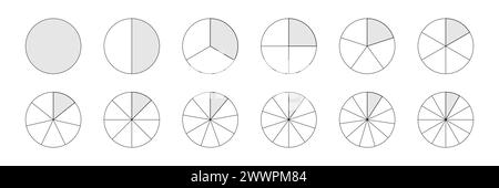 Kreise mit Schnitten legen Vektordarstellung fest. Abstrakte schwarze Tortendiagramme mit Unterteilungen, grafische Diagrammsammlung mit runden geometrischen Elementen Stock Vektor