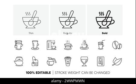 Symbole für Kaffee und Tee. Cappuccino, Teekanne und Kaffeekanne. Lineare Symbolgruppe. Zeilensymbole. Vektor Stock Vektor