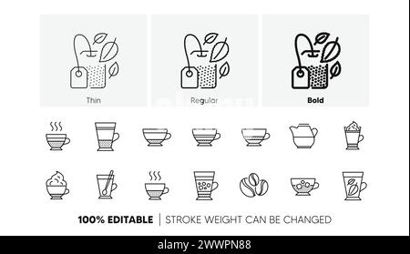 Kaffeesorten und Teesymbole. Mocha, Cappuccino und Latte. Lineare Symbolgruppe. Zeilensymbole. Vektor Stock Vektor