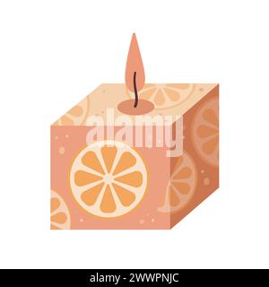 Aromatherapie-Kerze mit Zitrusergänzung isoliert auf weißem Hintergrund. Handgezeichnete Vektorgrafik. Orangefarbenes Aroma-Kerzensymbol. Handgefertigte Kerze. Flaches Design Stock Vektor