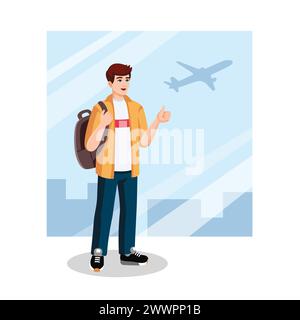 Junger Mann mit Rucksack, der vor dem Flug am Flughafen die Daumen nach oben zeigt. Reisekonzept, flaches Design, Cartoon-Stil. Vektorabbildung Stock Vektor