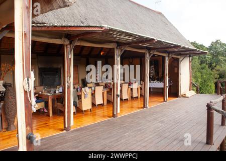 Das Innere der Haupthütte mit dekorativen afrikanischen Gegenständen im Amakhala Game Reserve, Südafrika, wo die Gäste sich vor der Fahrt treffen und essen. Stockfoto