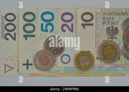 polnische Zloty Banknoten und Münzen sortiert von 200 bis 10 Overhead Shots Stockfoto