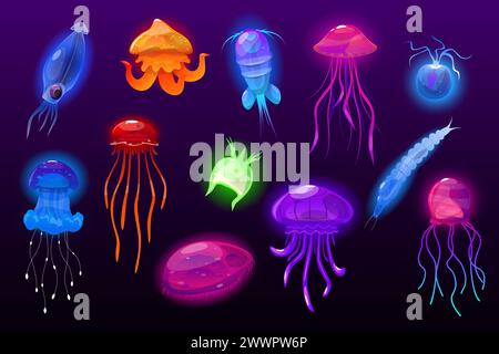 Quallen und Plankton. Leuchtende Tiefseebewohner. Unter Wasser wirbellose glühende Tiere. Transparente Marine medusa. Exotische Meeresfauna. Poisono Stock Vektor