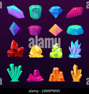 Zeichentrickkristalle. Kostbare Edelsteine. Farbenfrohe natürliche Mineralien. Funkelnde Diamanten. Brillante Smaragde. Schatz Saphir. Magische glänzende Stalaktiten. Facete Stock Vektor