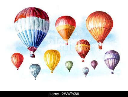 Bunte Luftballons am Himmel. Handgezeichnete Aquarellillustration isoliert auf weißem Hintergrund Stockfoto