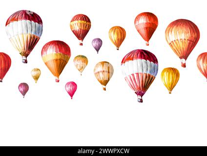 Bunte Luftballons am Himmel. Handgezeichnetes nahtloses Aquarellmuster Stockfoto