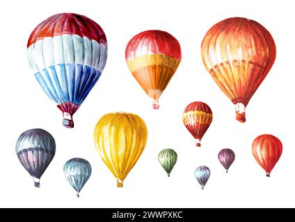 Buntes Luftballonset. Handgezeichnete Aquarellillustration isoliert auf weißem Hintergrund Stockfoto