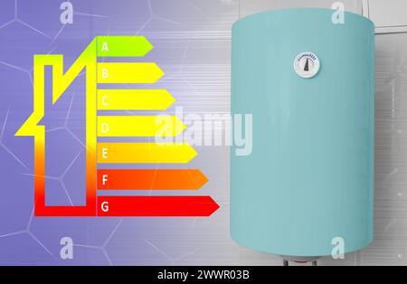 Energieeffizienzdiagramm und Elektrokessel in Innenräumen Stockfoto