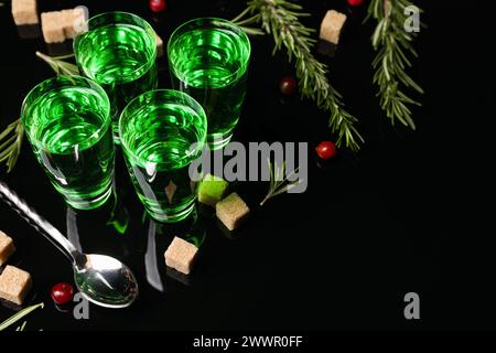 Absinth in Shot Gläsern, Preiselbeeren, Rosmarin und brauner Zucker auf Spiegeltisch, Platz für Text. Alkoholisches Getränk Stockfoto