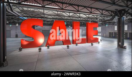Das leuchtend rote Verkaufsschild steht im Lagerbereich deutlich sichtbar. 3D-Rendering Stockfoto